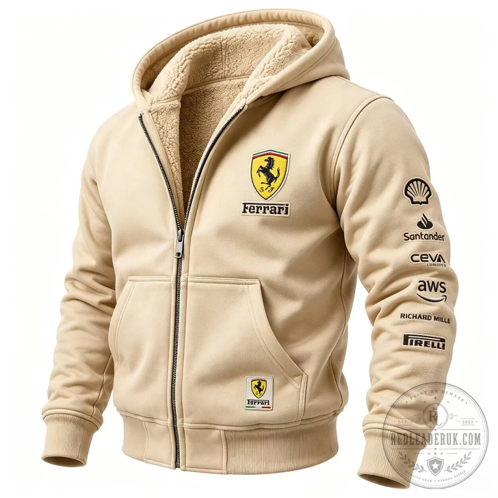 Ferrari Racing Team Fleece Lined Full Zip Hoodie Jacket with Sponsor Logos Ferrari Racing Team Fleece Lined Full Zip Hoodie Jacket with Sponsor Logos
