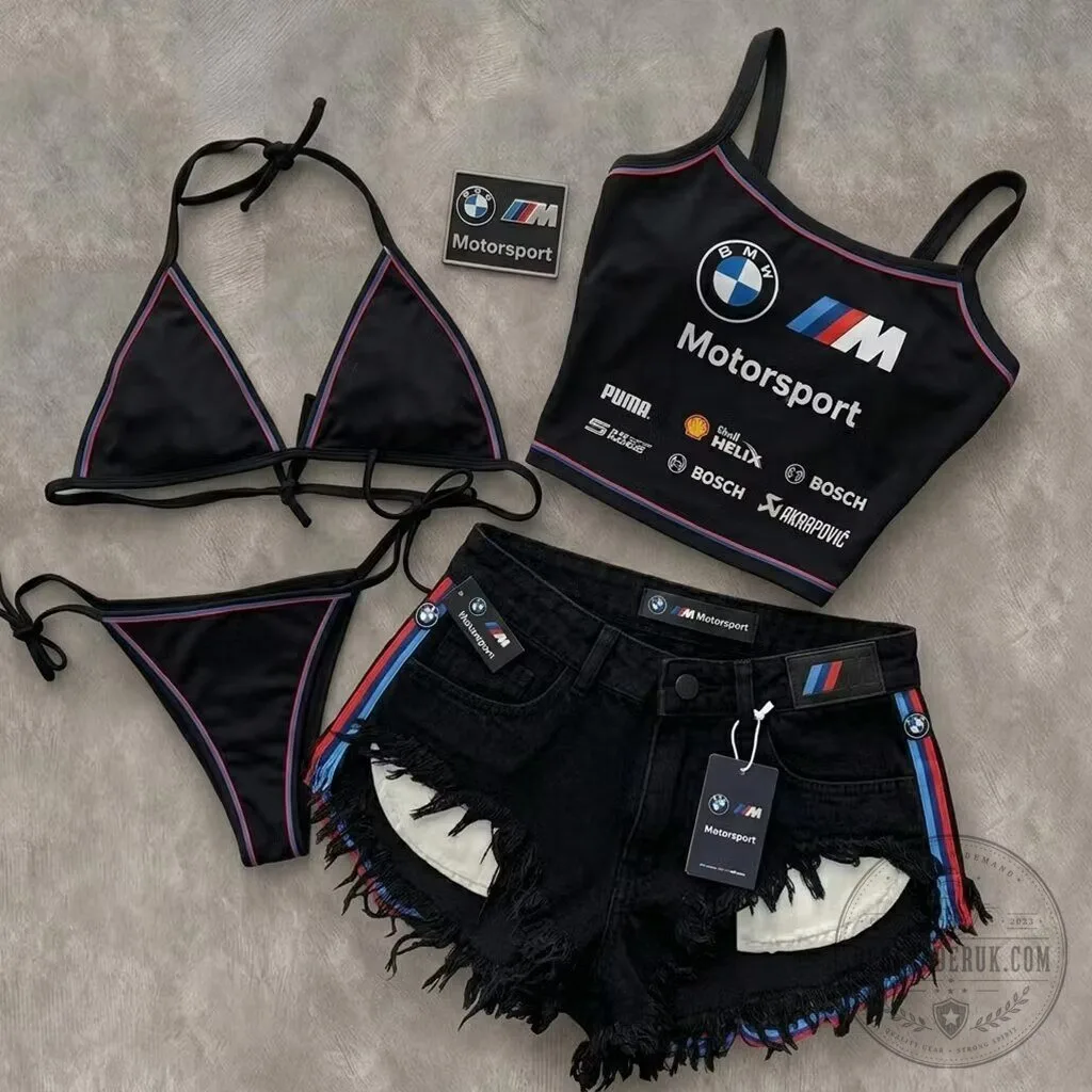 BMW Motorsport Racing Style Bikini Top and Bottom with Denim Shorts Set
