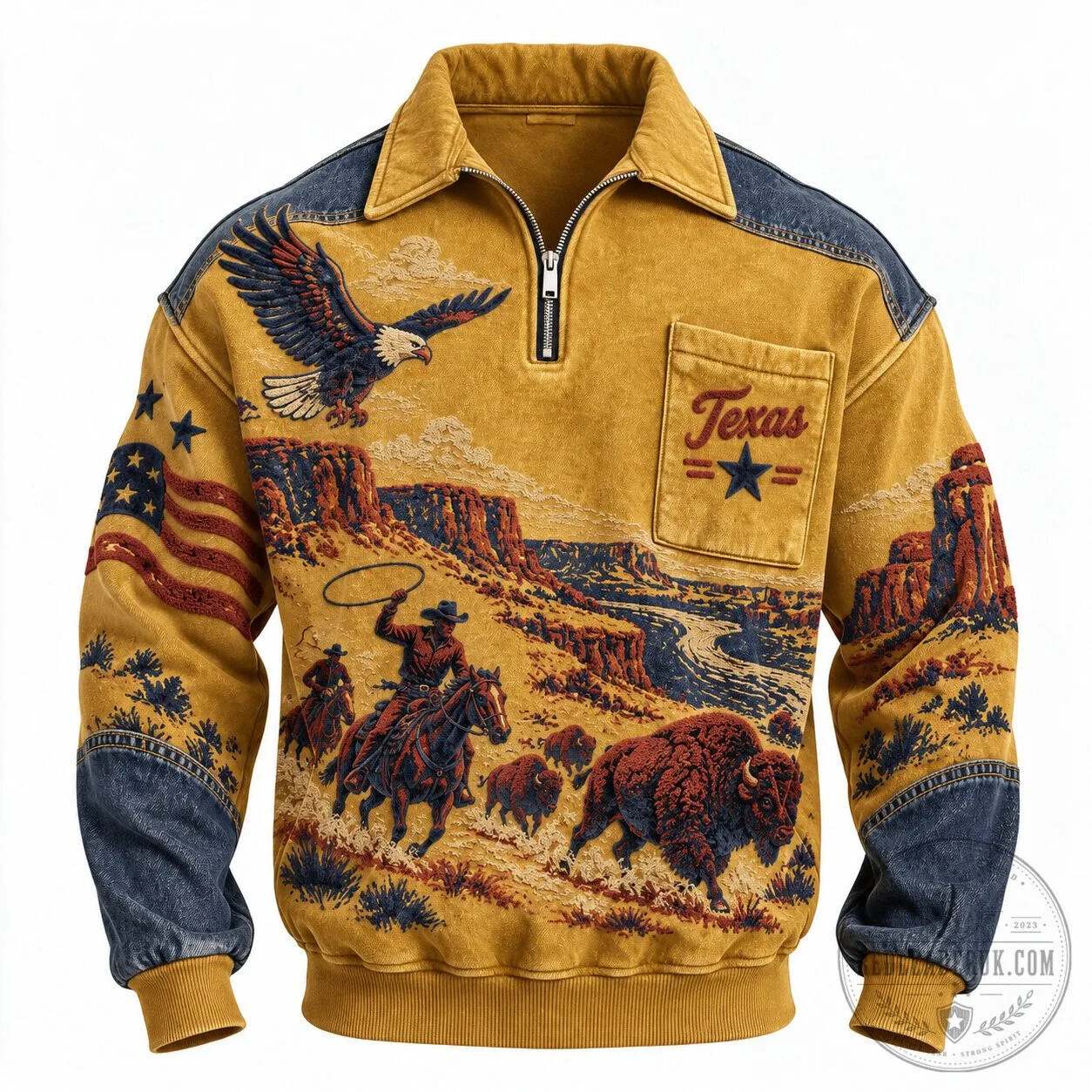 Texas Cowboy Western Canyon Eagle Bison Half-Zip Collared Long-Sleeve Sweatshirt