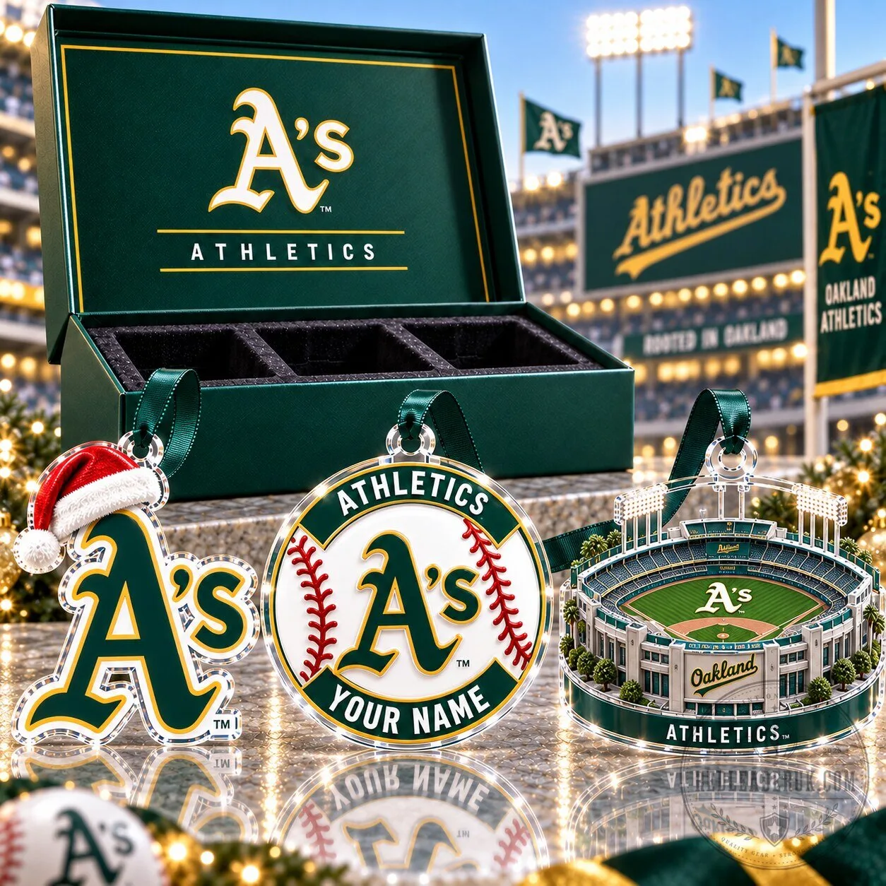Oakland Athletics MLB Baseball Stadium Christmas Tree Ornament Set