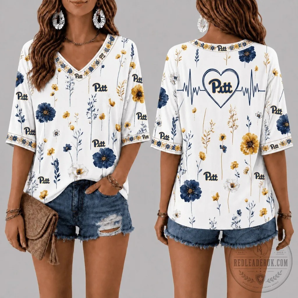 Pittsburgh Panthers Football Floral Heartbeat V-Neck T-Shirt Pittsburgh Panthers Football Floral Heartbeat V-Neck T-Shirt