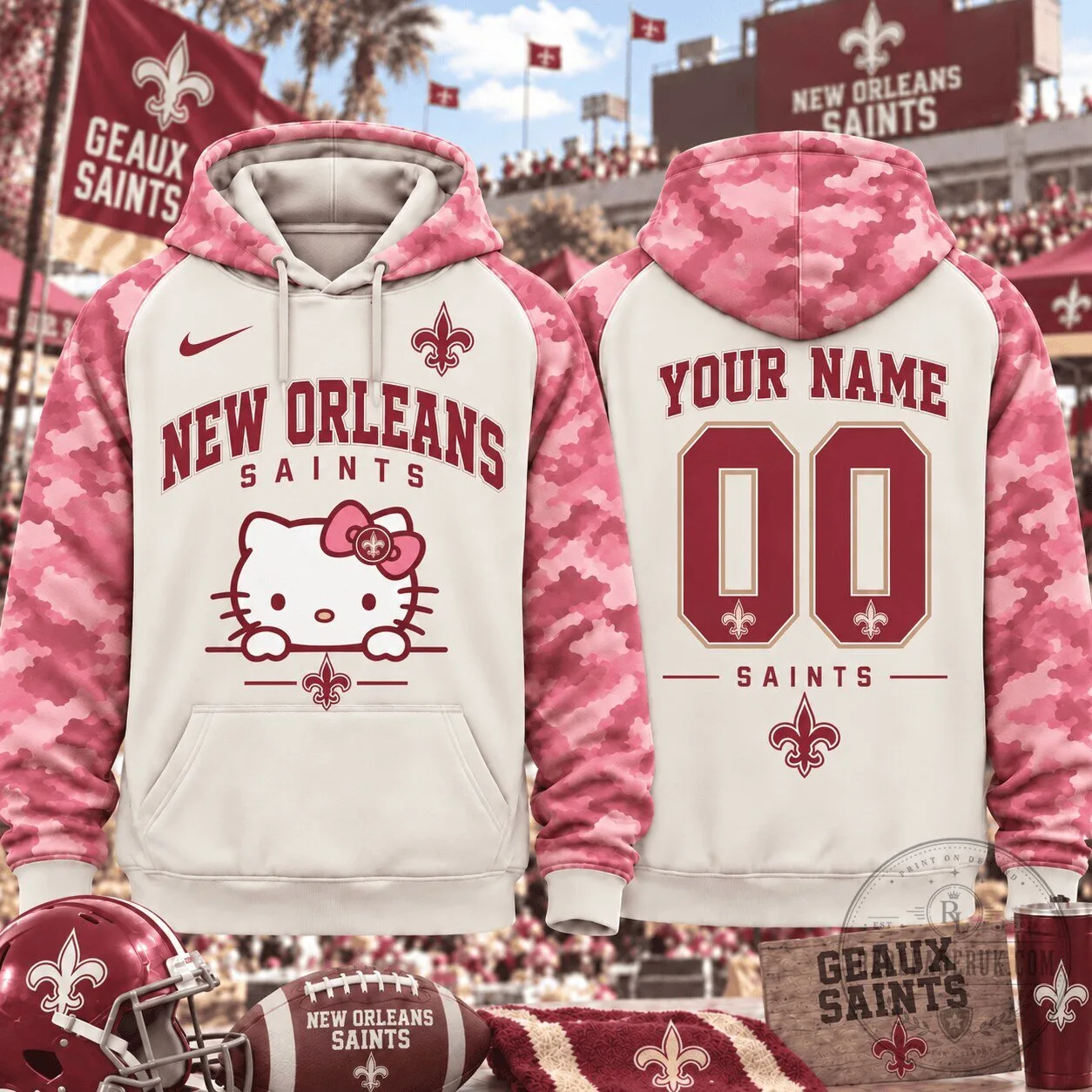 New Orleans Saints Hello Kitty Pink Camouflage Custom Hoodie
