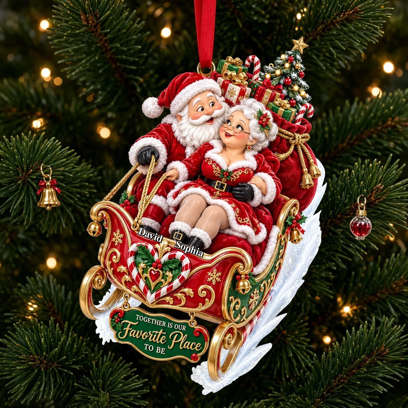 Personalized Santa and Mrs Claus Sleigh Christmas Tree Ornament