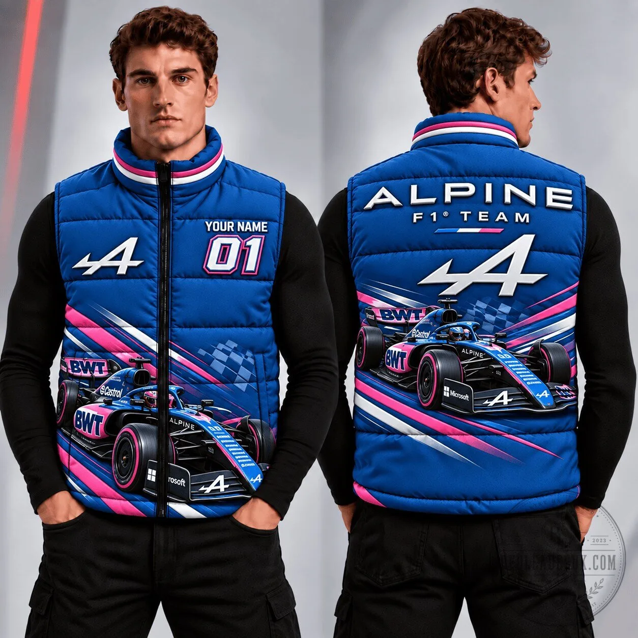 Alpine Formula 1 Racing Car Custom Name and Number Puffer Jacket