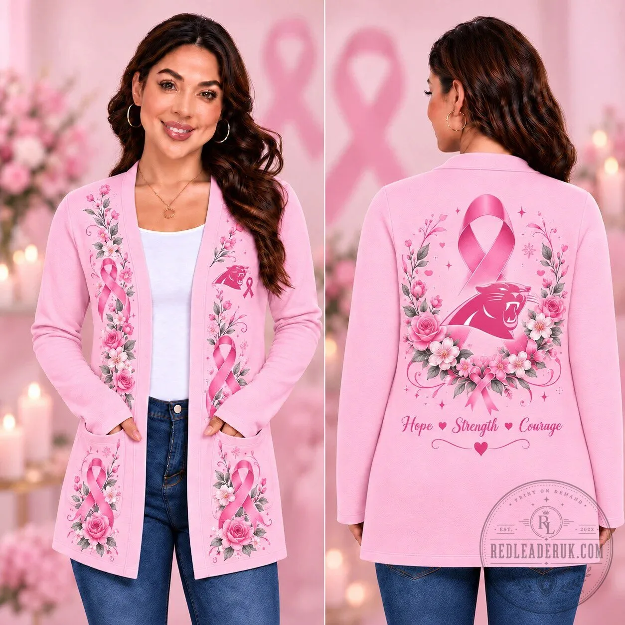 Carolina Panthers Pink Ribbon Floral Hope Strength Courage Cardigan Sweater