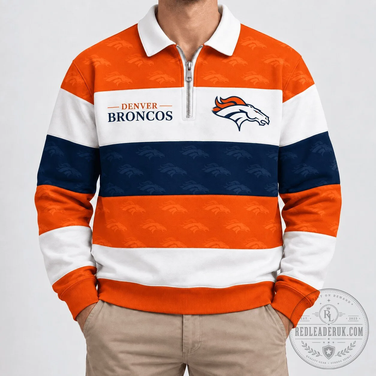 Denver Broncos NFL Team Striped Quarter-Zip Polo Shirt