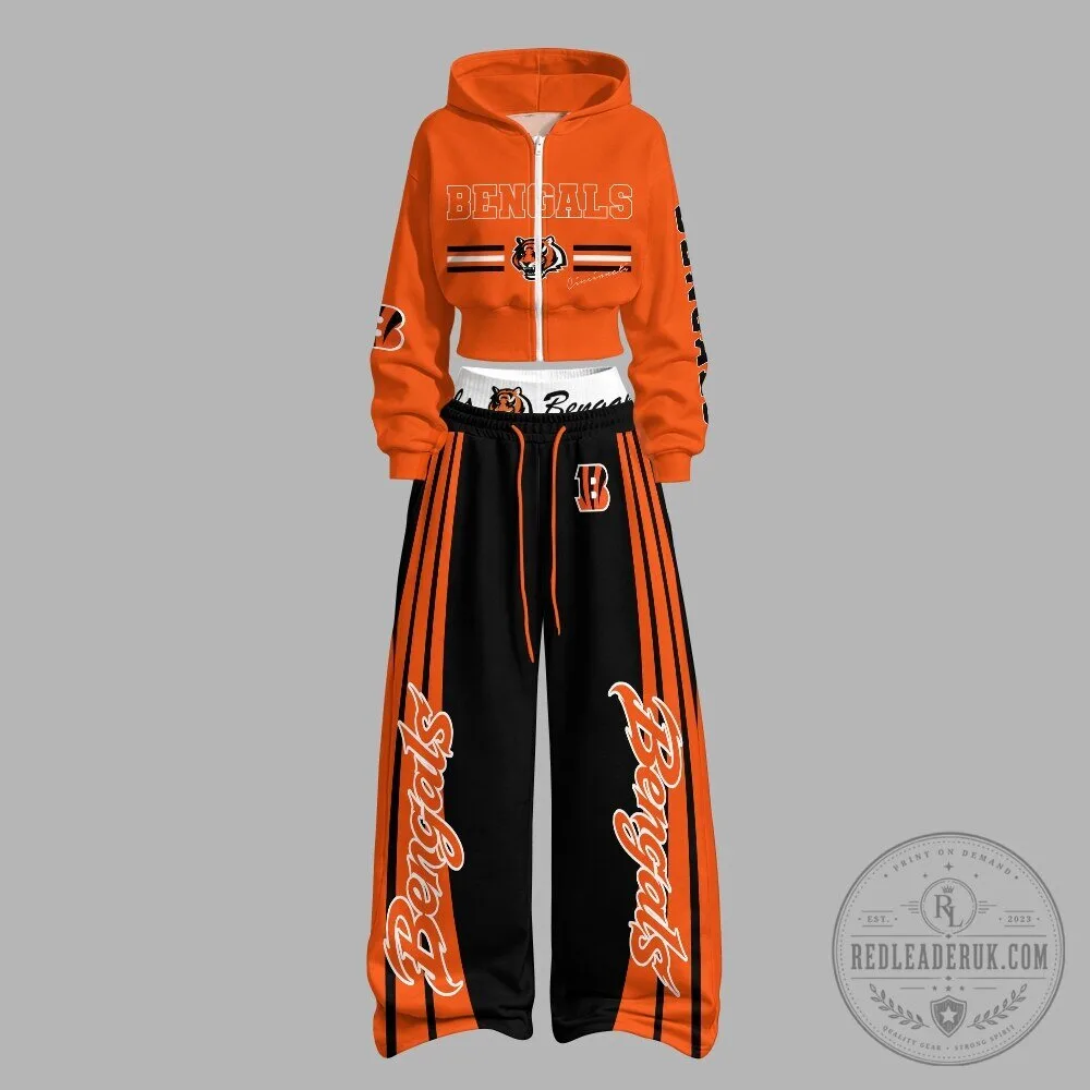 Cincinnati Bengals Orange Cropped Hoodie and Wide Leg Pants Set