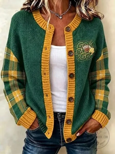 Green Bay Packers Plaid Pattern Women's Button-Up Cardigan Sweater