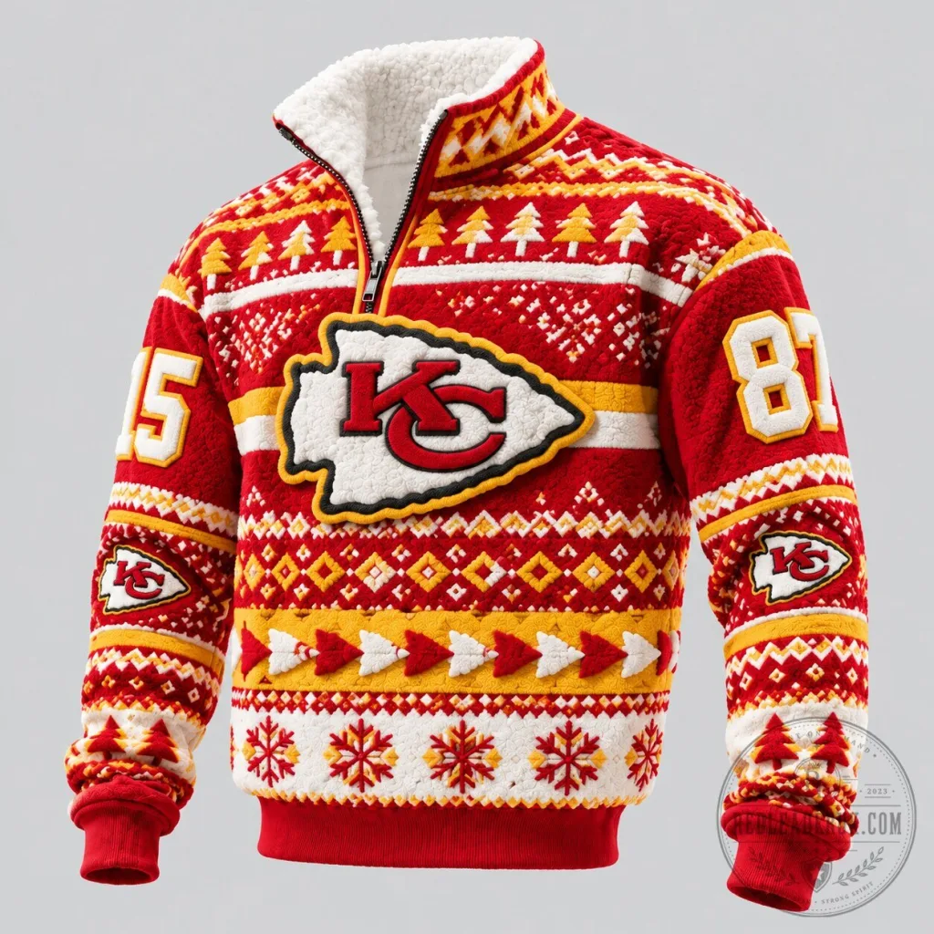 Kansas City Chiefs Holiday Ugly Christmas Sweater Fleece Lined Quarter Zip Pullover Kansas City Chiefs Holiday Ugly Christmas Sweater Fleece Lined Quarter Zip Pullover