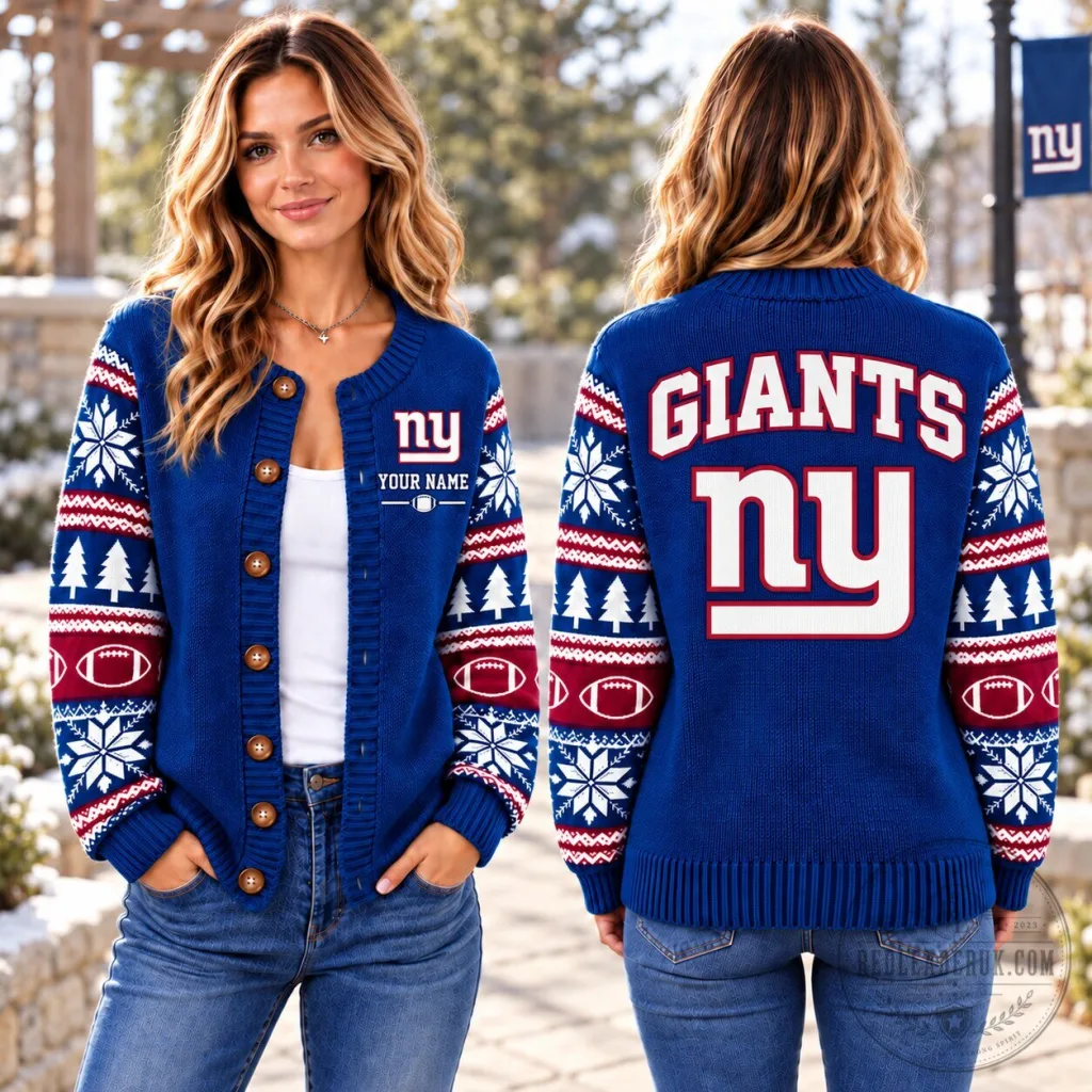 New York Giants NFL Team Custom Name Ugly Christmas Sweater Cardigan New York Giants NFL Team Custom Name Ugly Christmas Sweater Cardigan