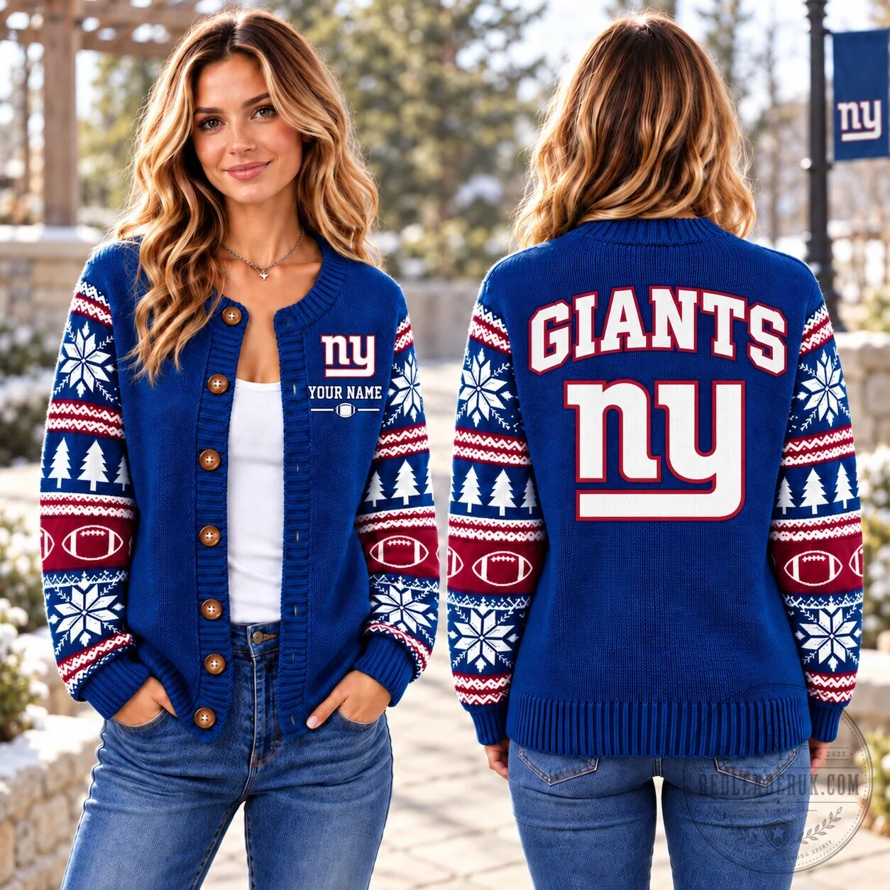 New York Giants NFL Team Custom Name Ugly Christmas Sweater Cardigan 1 New York Giants NFL Team Custom Name Ugly Christmas Sweater Cardigan