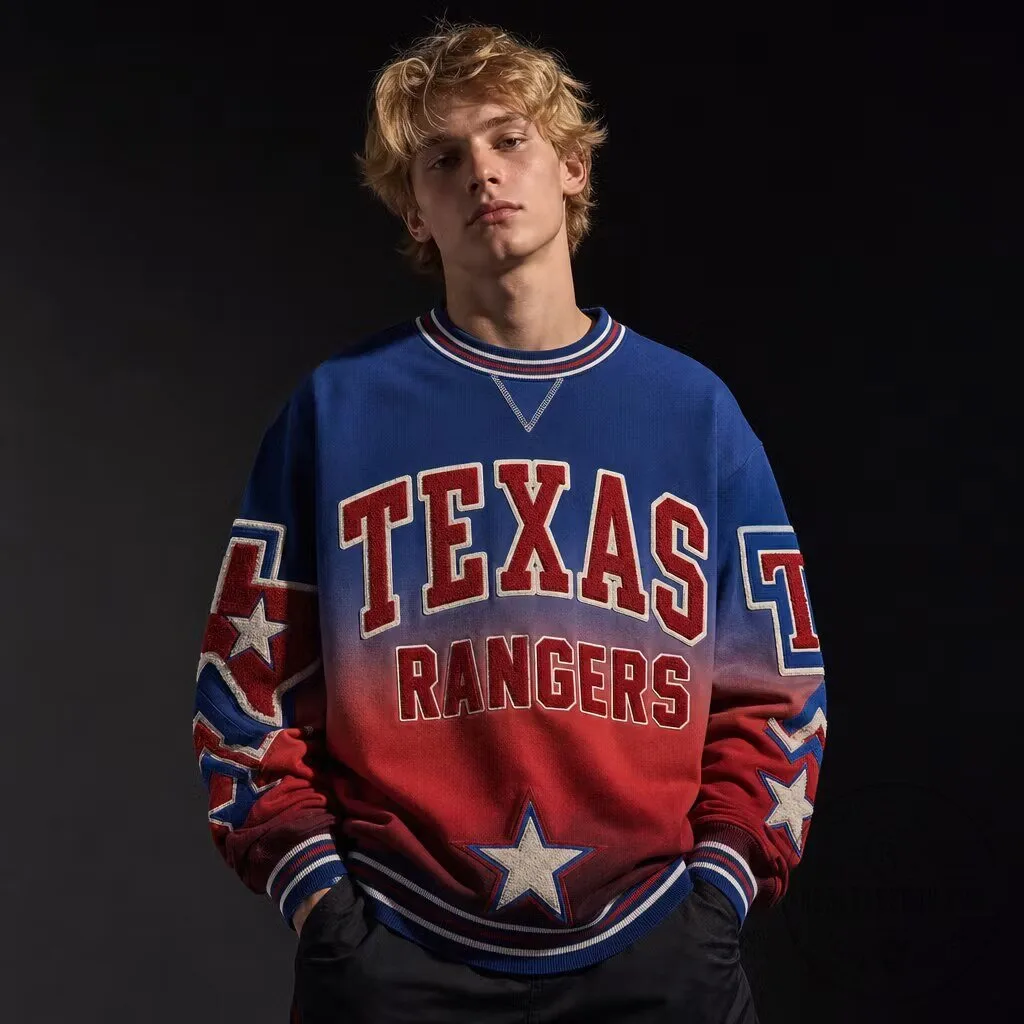 Texas Rangers Blue Red Gradient Graphic Crewneck Sweatshirt