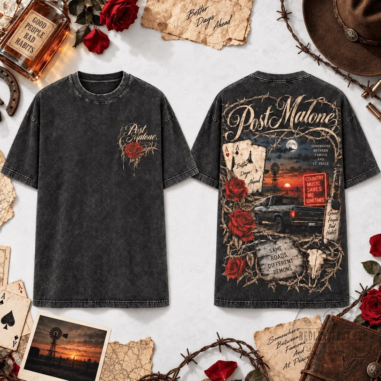 Post Malone Same Roads Different Demons Country Music Saves Me Sometimes T-Shirt