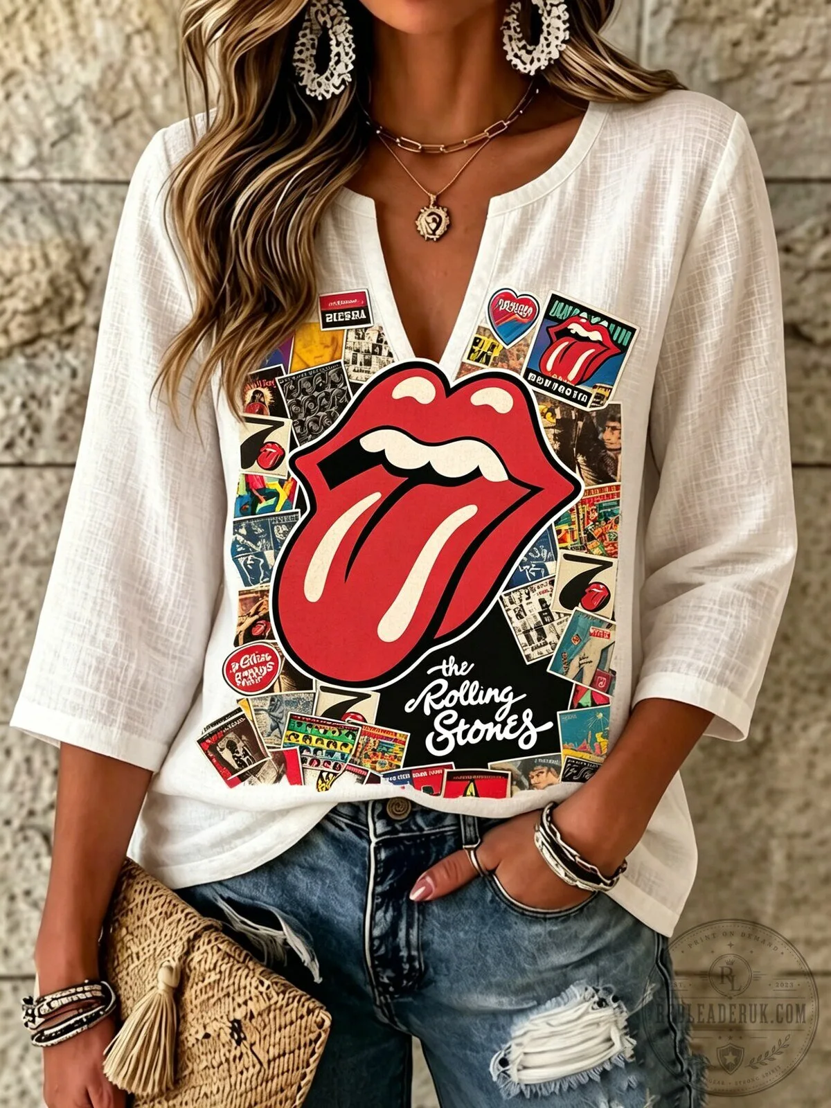 The Rolling Stones Lips and Tongue Logo Women's V-Neck T-Shirt