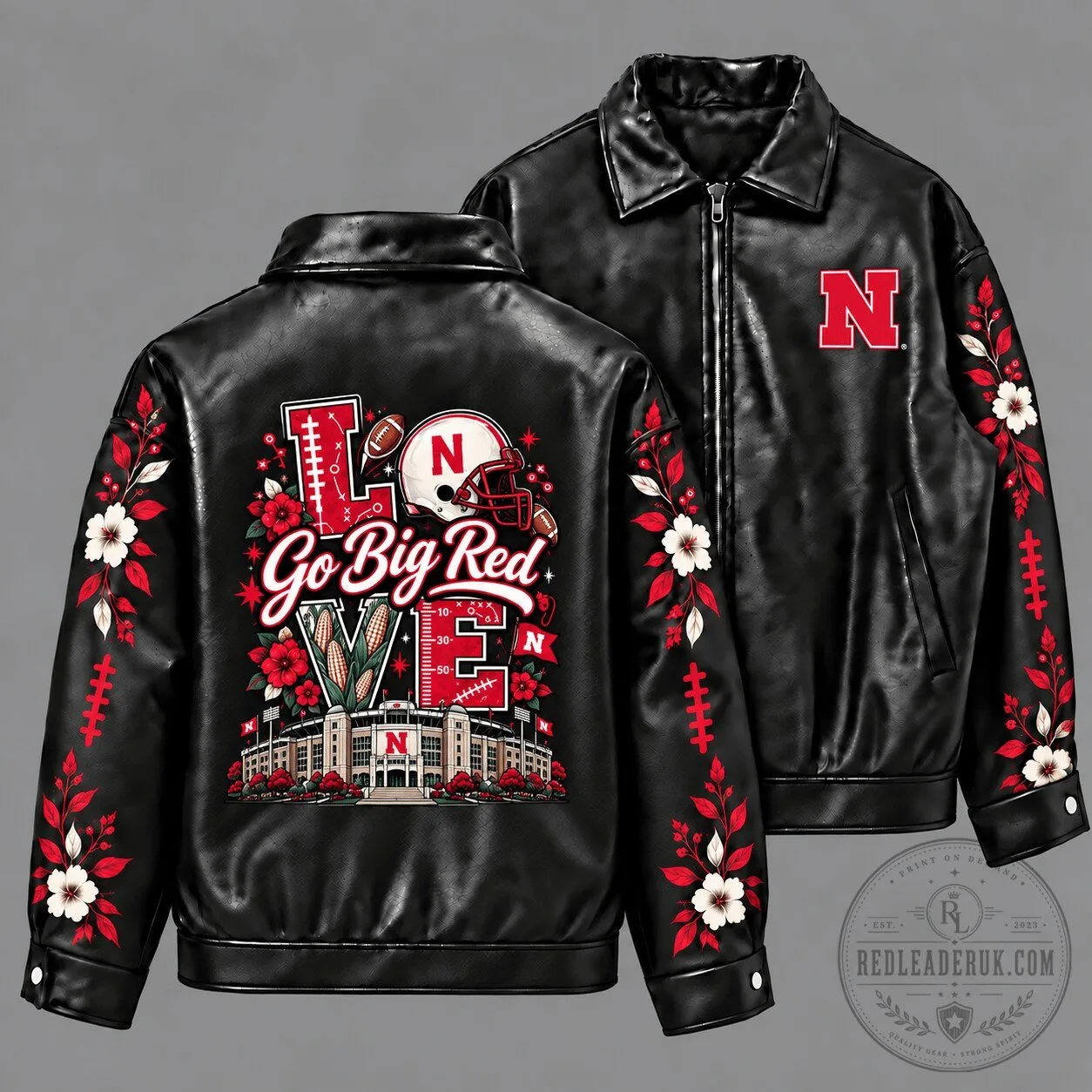 Nebraska Cornhuskers Go Big Red Floral Black Leather Jacket