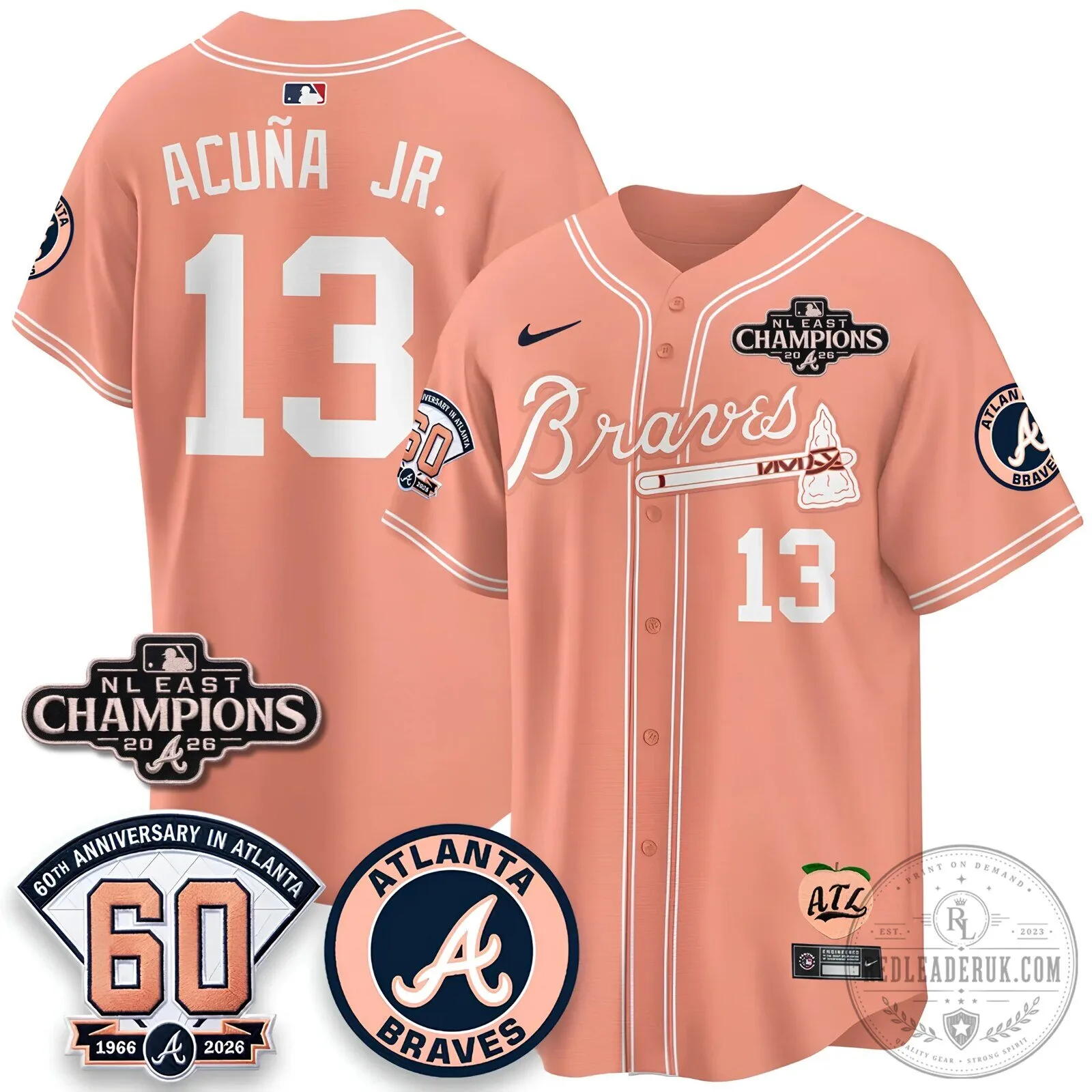 Atlanta Braves Ronald Acuña Jr. 2026 NL East Champions Peach Baseball Jersey