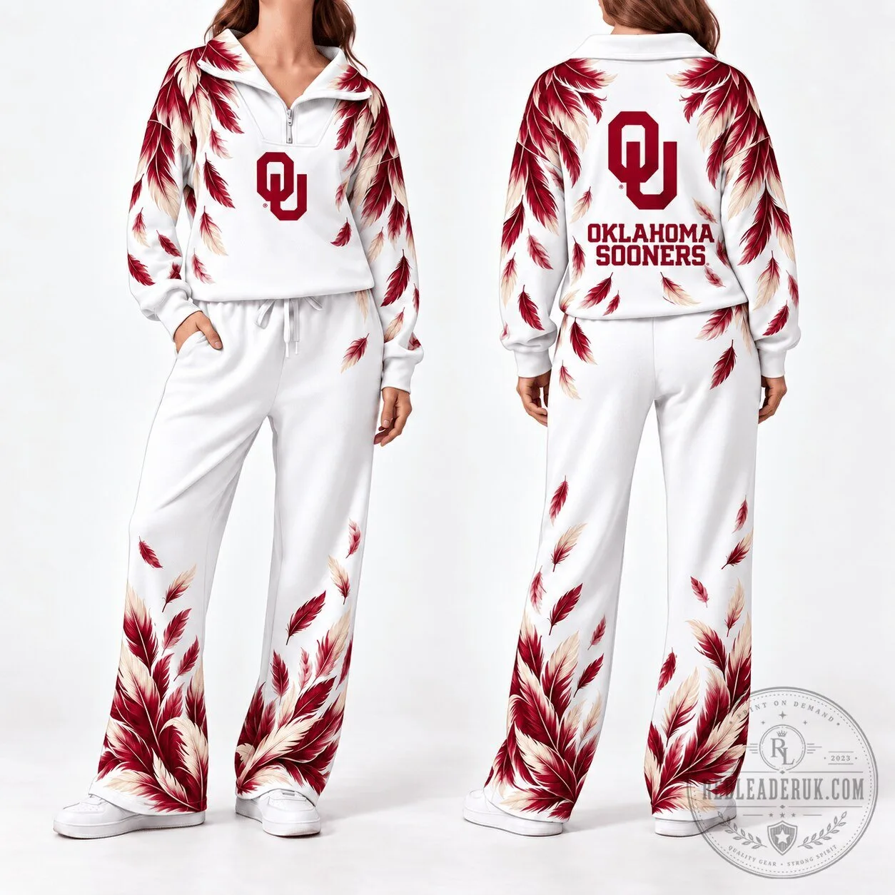 Oklahoma Sooners Feather Pattern White Quarter Zip Pullover Sweatshirt and Pants Set
