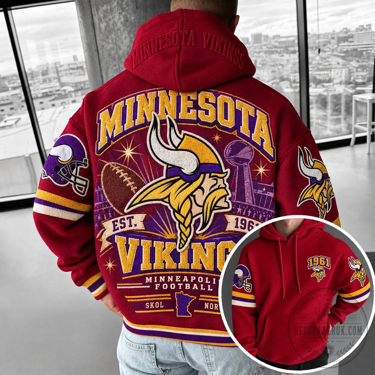 Minnesota Vikings Football Team Embroidered Red Hoodie