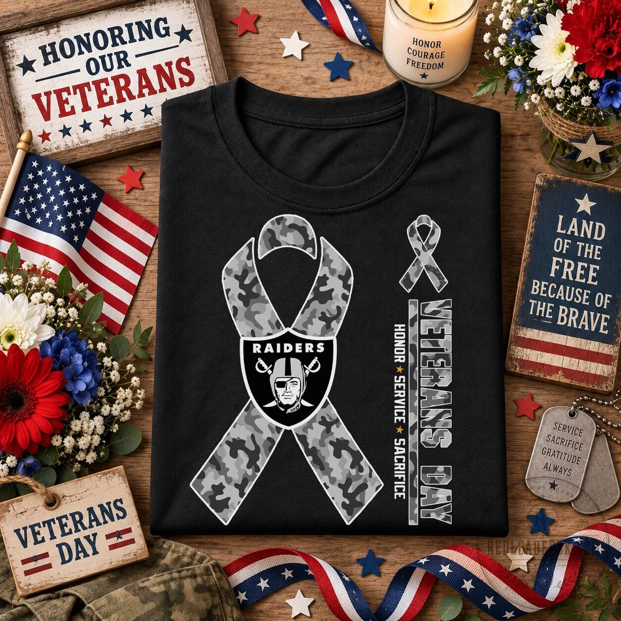 Las Vegas Raiders Veterans Day Camouflage Ribbon Graphic T-Shirt