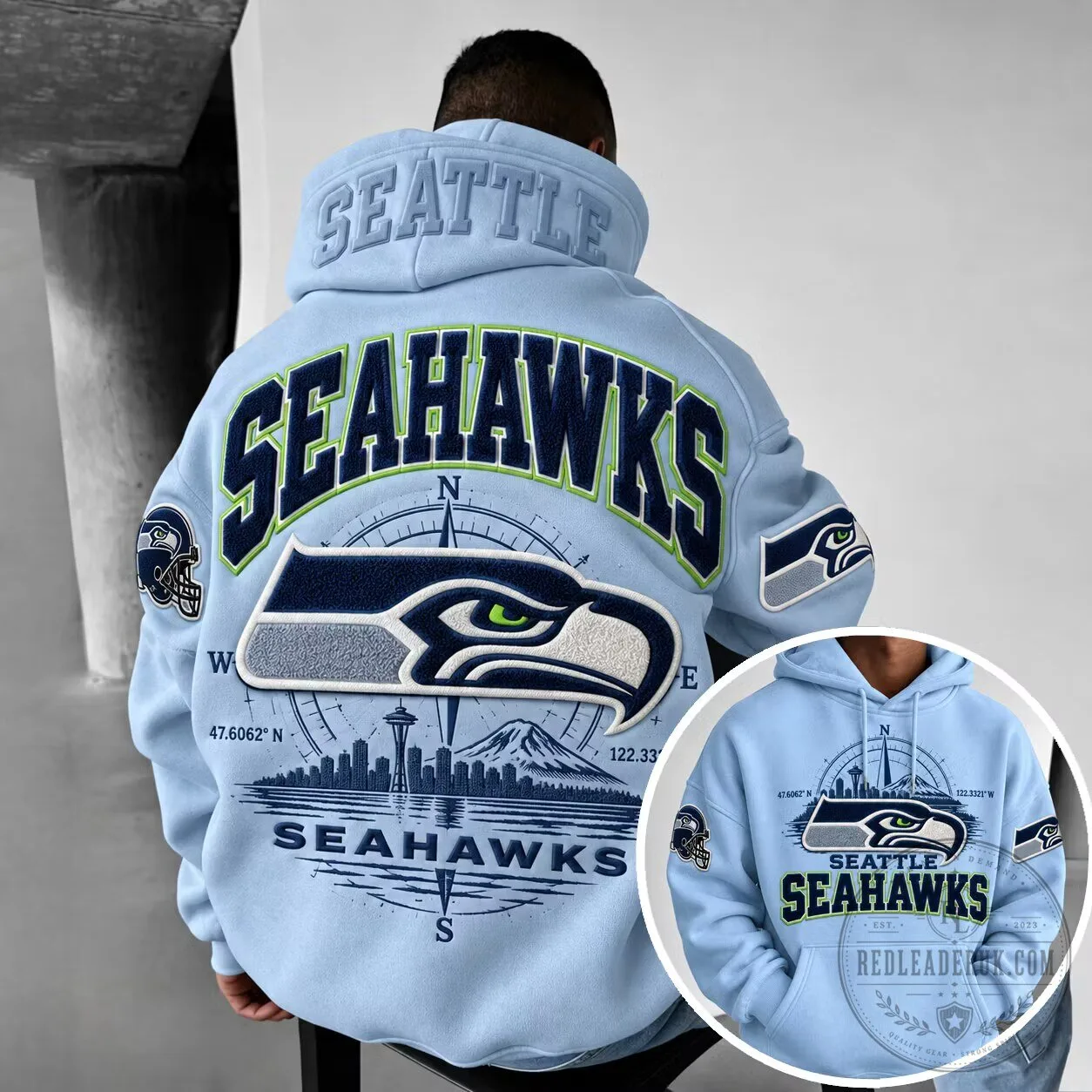 Seattle Seahawks NFL Football Team Light Blue Embroidered Pullover Hoodie