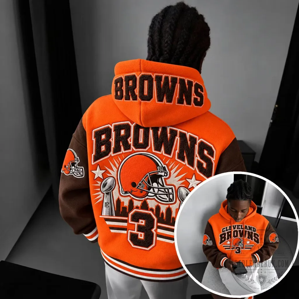 Cleveland Browns Football Team Orange and Brown Varsity Hoodie Jacket Cleveland Browns Football Team Orange and Brown Varsity Hoodie Jacket