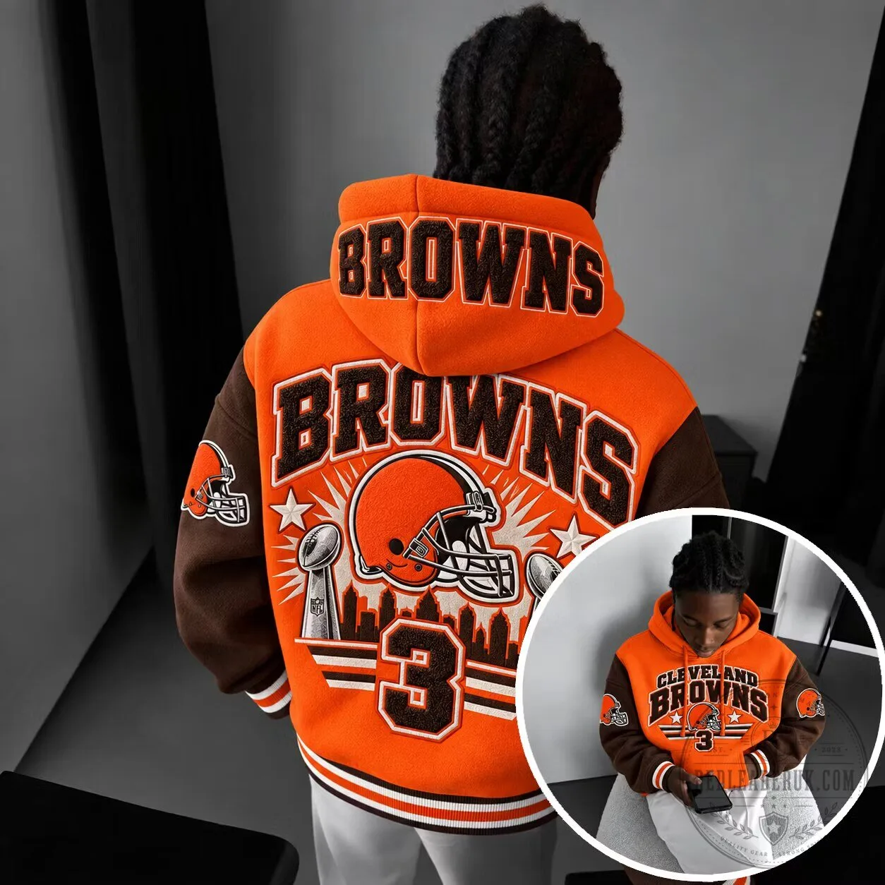 Cleveland Browns Football Team Orange and Brown Varsity Hoodie Jacket