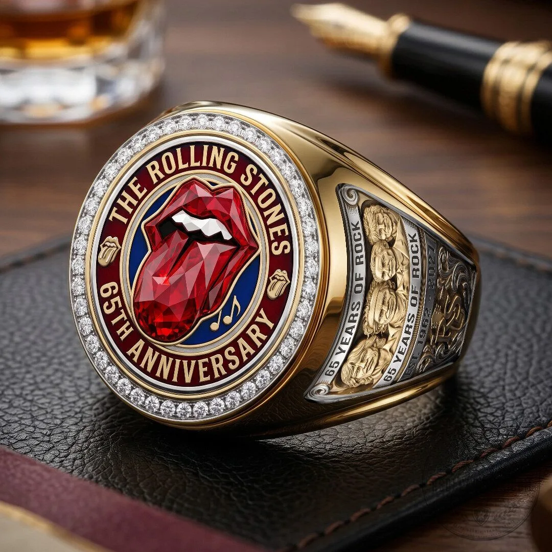 The Rolling Stones 65th Anniversary Gold Tone Red Tongue Logo Ring