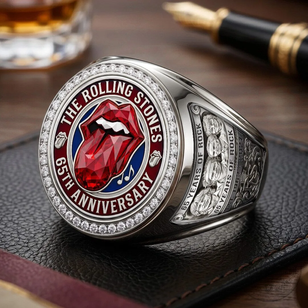 The Rolling Stones 65th Anniversary Gold Tone Red Tongue Logo Ring 7 The Rolling Stones 65th Anniversary Gold Tone Red Tongue Logo Ring