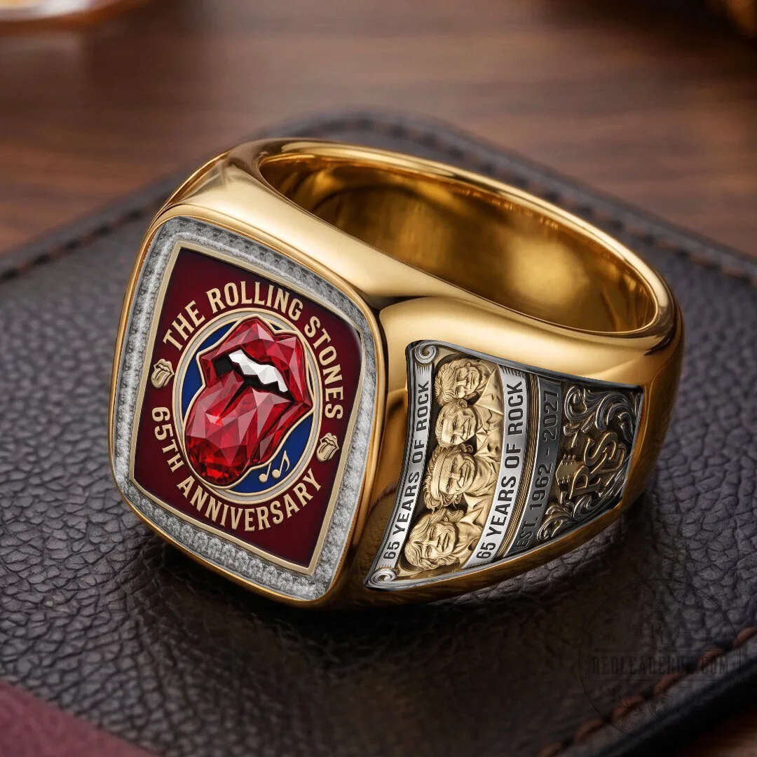 The Rolling Stones 65th Anniversary Gold Tone Red Tongue Logo Ring 8 The Rolling Stones 65th Anniversary Gold Tone Red Tongue Logo Ring