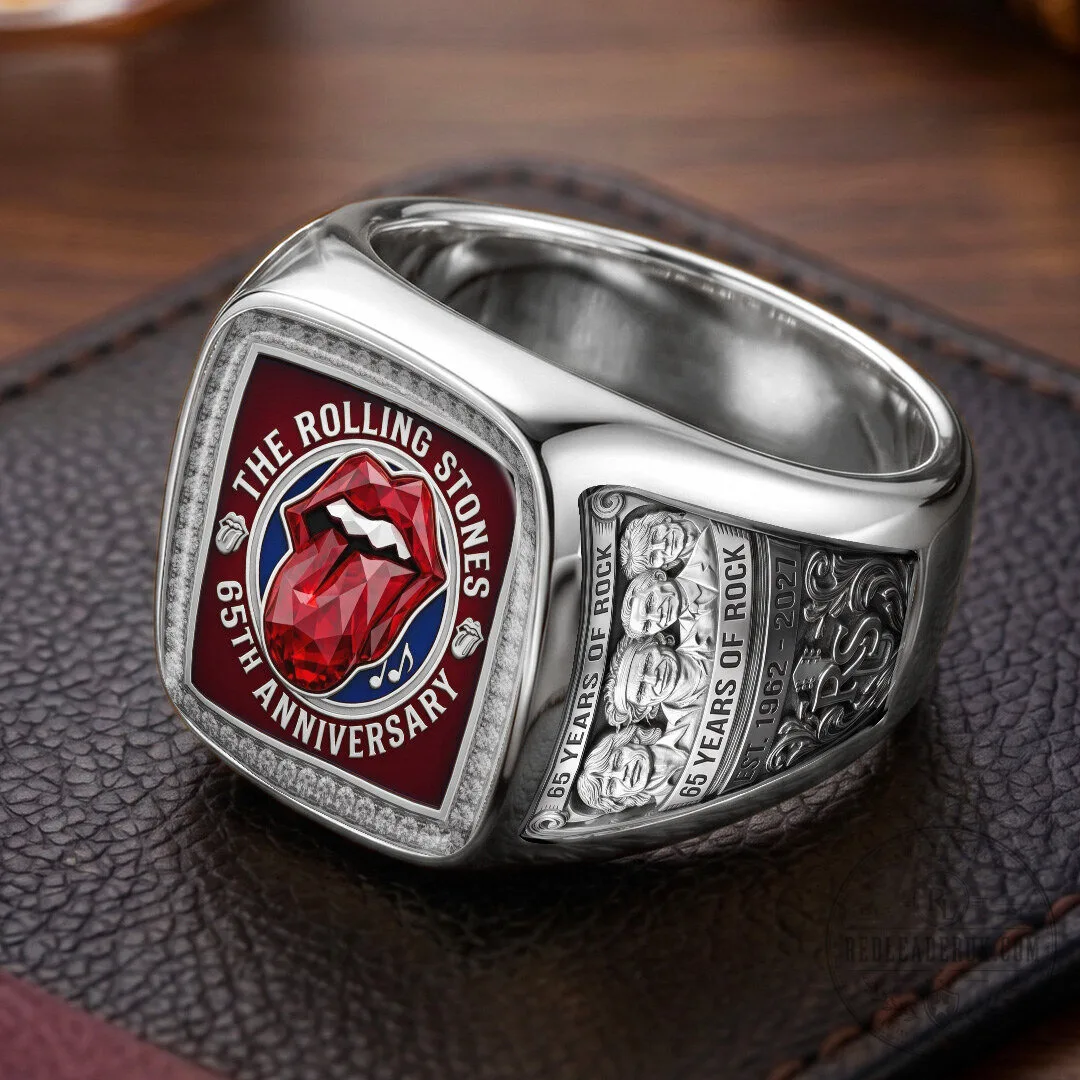 The Rolling Stones 65th Anniversary Gold Tone Red Tongue Logo Ring 9 The Rolling Stones 65th Anniversary Gold Tone Red Tongue Logo Ring