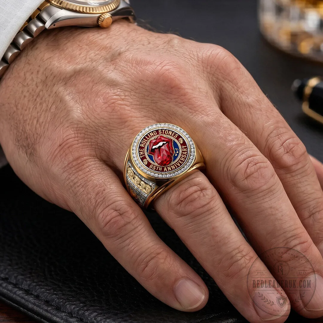 The Rolling Stones 65th Anniversary Gold Tone Red Tongue Logo Ring 10 The Rolling Stones 65th Anniversary Gold Tone Red Tongue Logo Ring