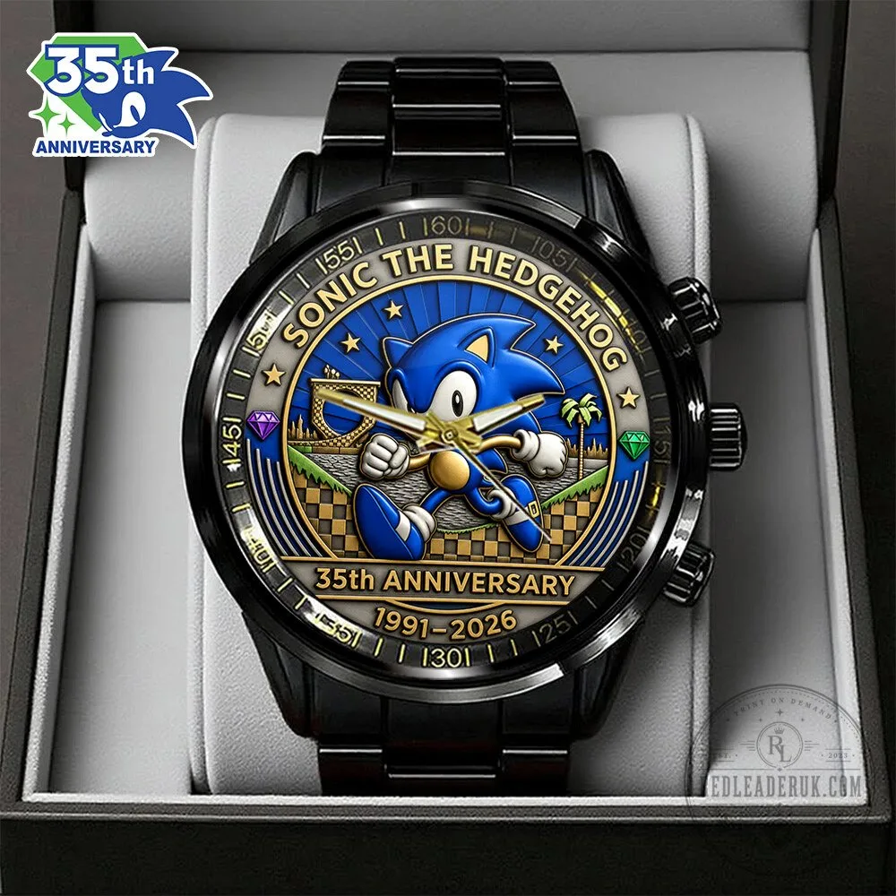 35th Anniversary Black Stainless Steel Watch featuring Sonic The Hedgehog