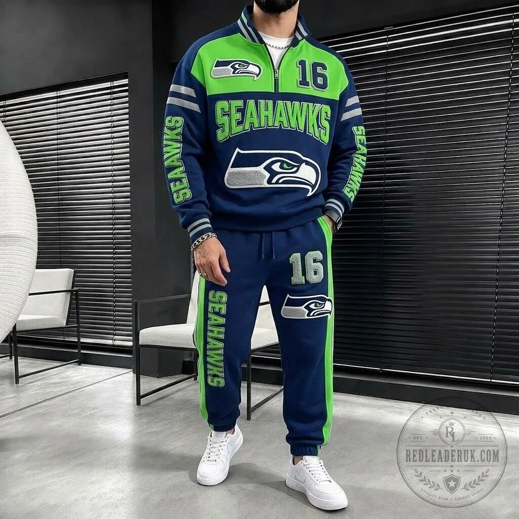 Seattle Seahawks Football Team Quarter Zip Pullover Sweatshirt and Jogger Sweatpants Set