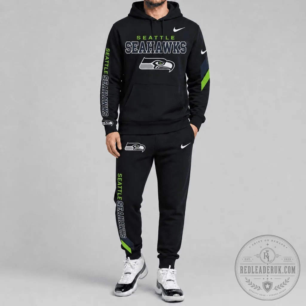 Black Tracksuit Set with Seattle Seahawks Logo Hoodie and Sweatpants Black Tracksuit Set with Seattle Seahawks Logo Hoodie and Sweatpants