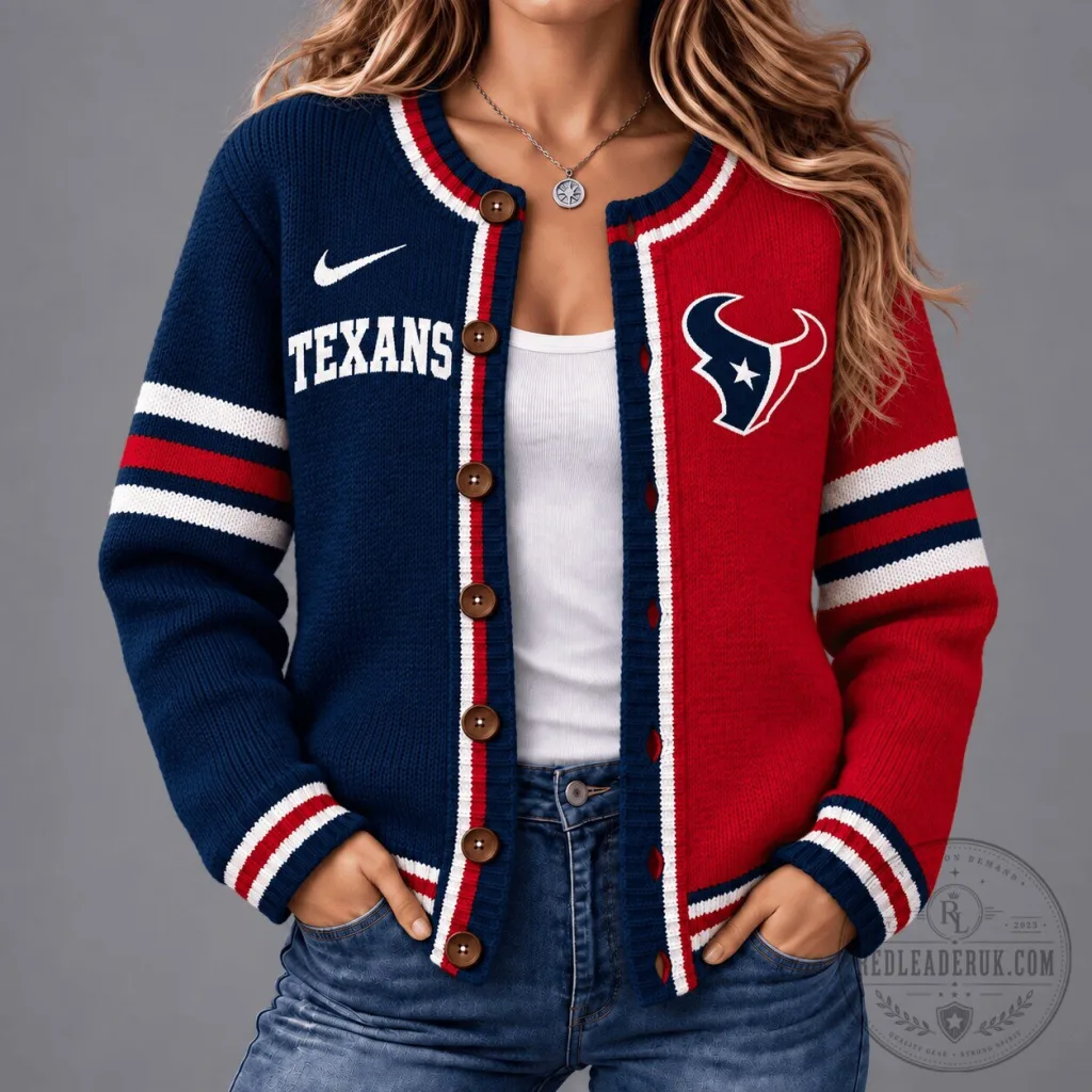 Houston Texans Split Colorblock Knit Cardigan Sweater with Buttons Houston Texans Split Colorblock Knit Cardigan Sweater with Buttons