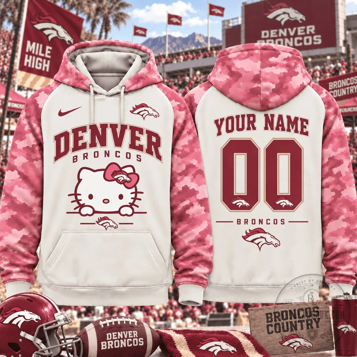 Denver Broncos Hello Kitty Pink Camouflage Custom Number Hoodie