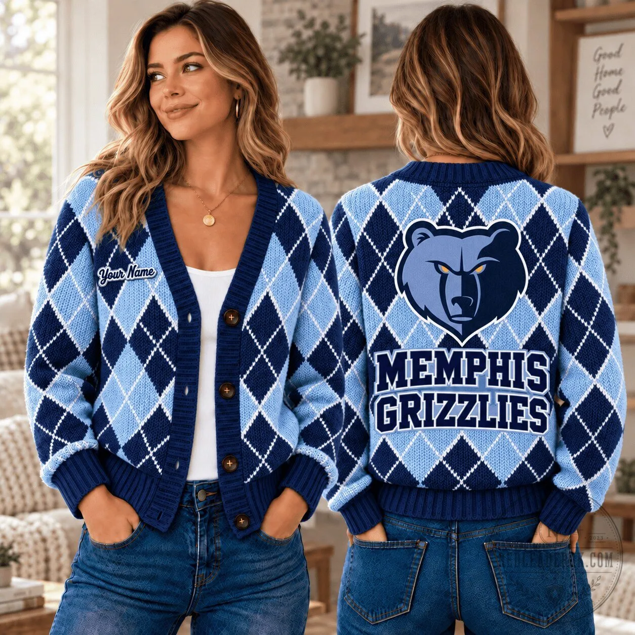 Memphis Grizzlies NBA Argyle Custom Name Cardigan Sweater