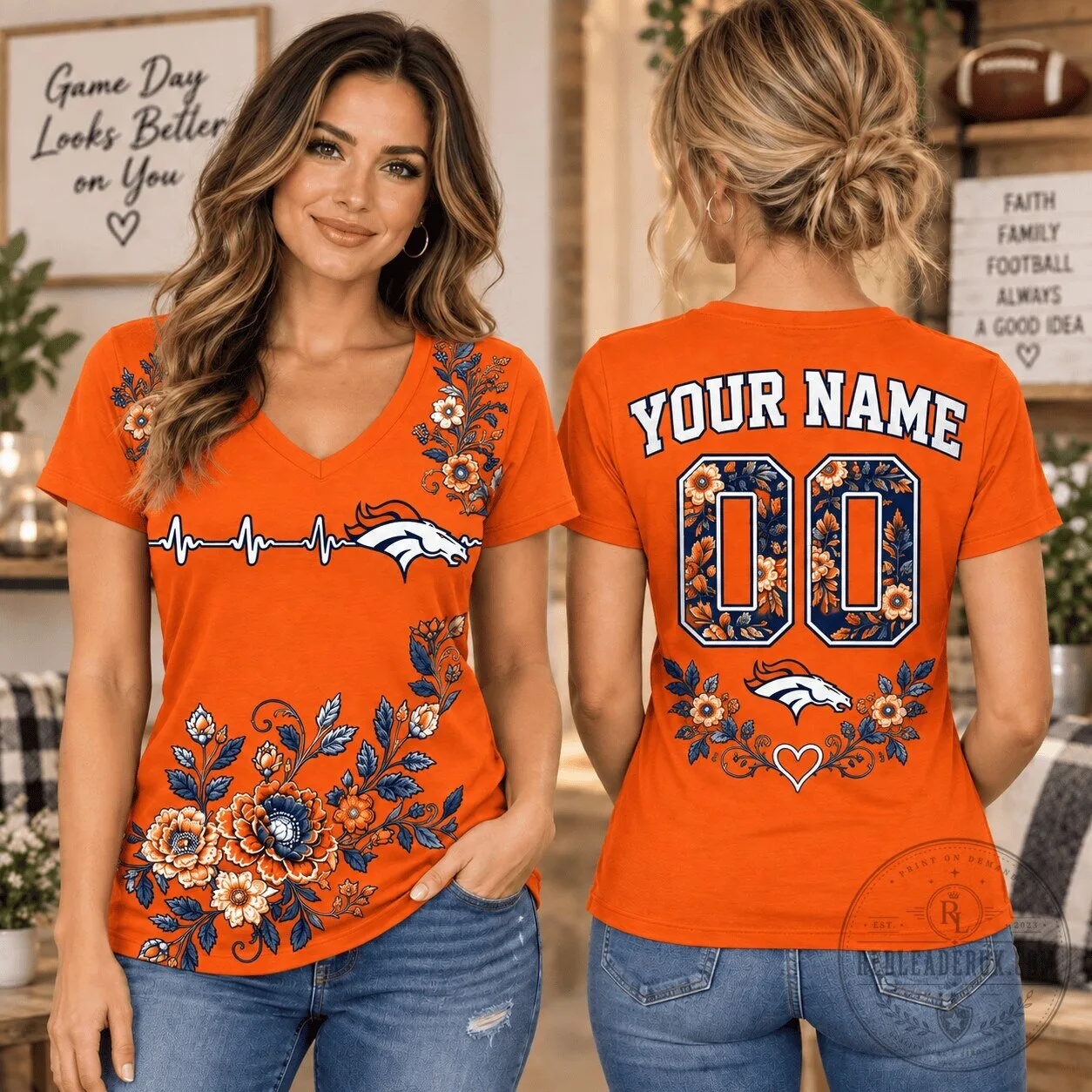 Denver Broncos Personalized Floral V-Neck T-Shirt for 1d Fan