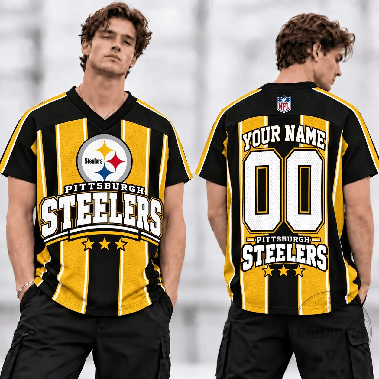 Pittsburgh Steelers Personalized Football Team Black Gold Stripes V-Neck Football Jersey