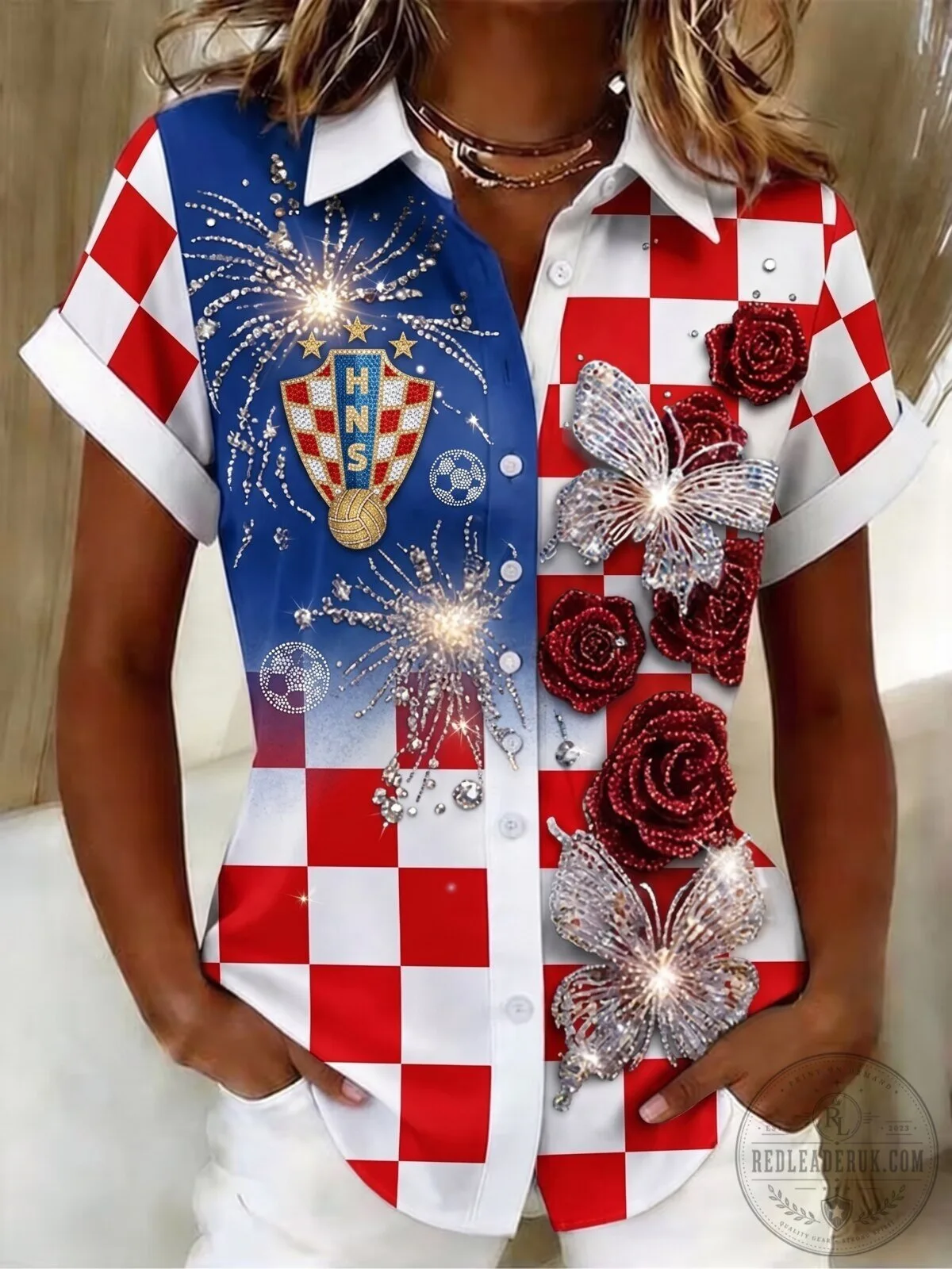 Croatia Football Team Sparkle Design Button-Up Short Sleeve Shirt 1 Croatia Football Team Sparkle Design Button-Up Short Sleeve Shirt