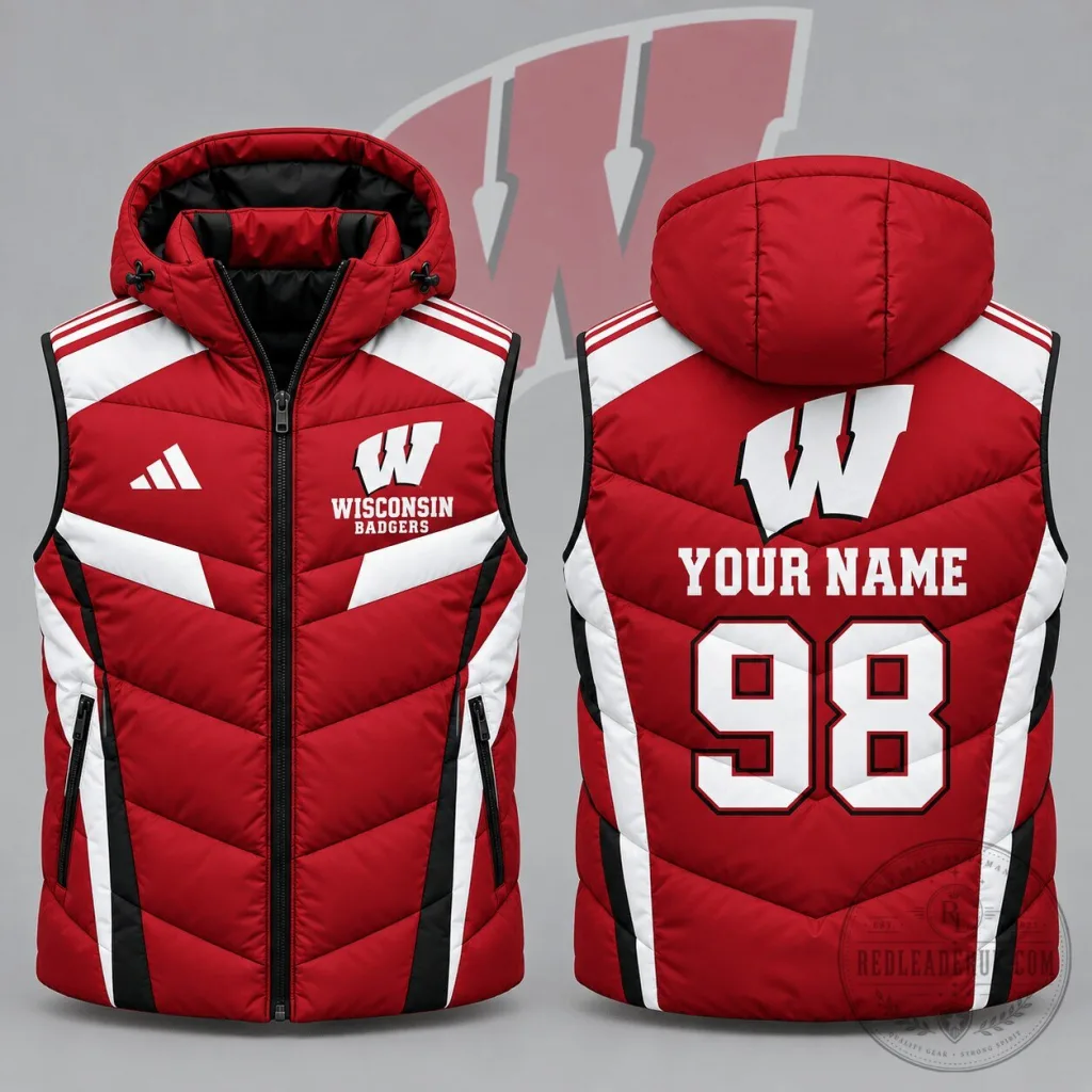Wisconsin Badgers Personalized Red White Puffer Vest Hoodie Wisconsin Badgers Personalized Red White Puffer Vest Hoodie